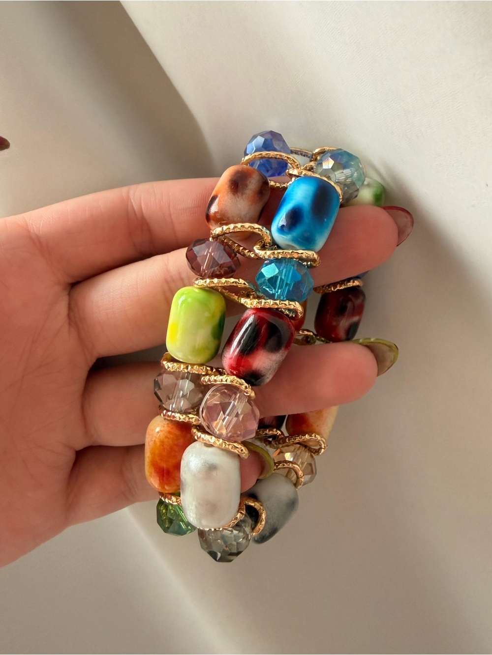 Multicolor Beaded Stretch Bracelet Set - Vibrant Glass & Gold Accents